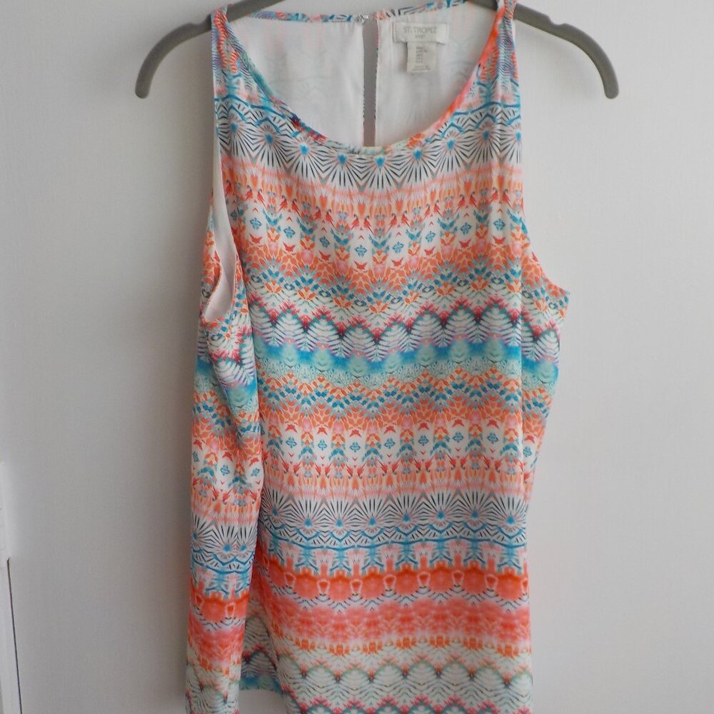 St. Tropez Blouse Top - Large - Sleeveless Pink Blue White Bright (690)